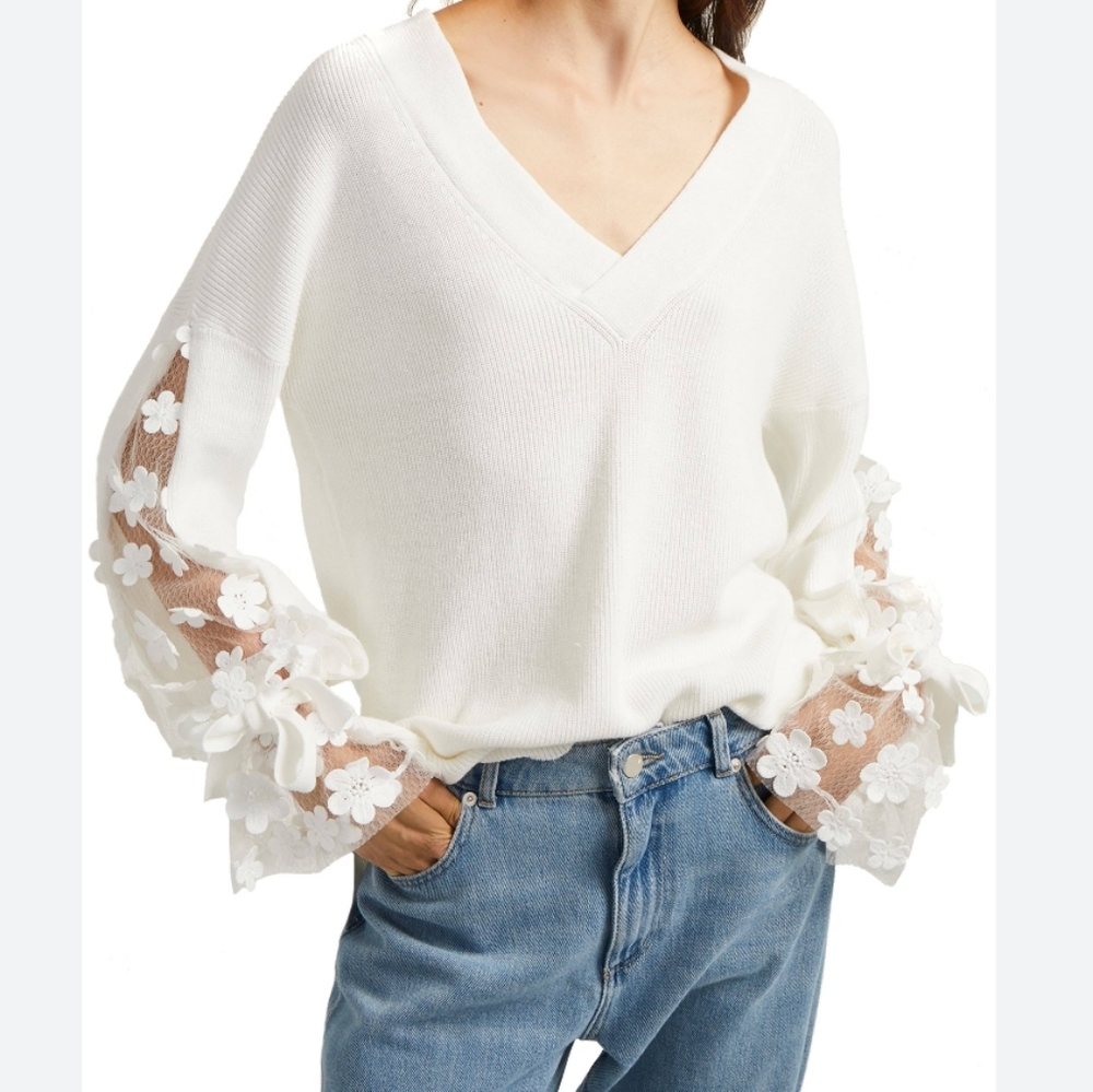 FRENCH CONNECTION Caballo Floral-Lace Sleeve Sweater ~ L - Picture 4 of 12